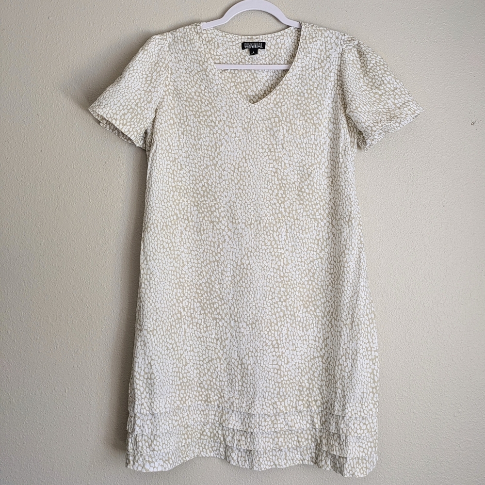 Nicole Miller Linen Blend Shift Dress Knee Length Tan White Ruffle Size Small